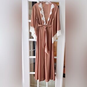 Vtg Jolie Brown Nylon Beige Lace Long Robe SZ M Button Tie
